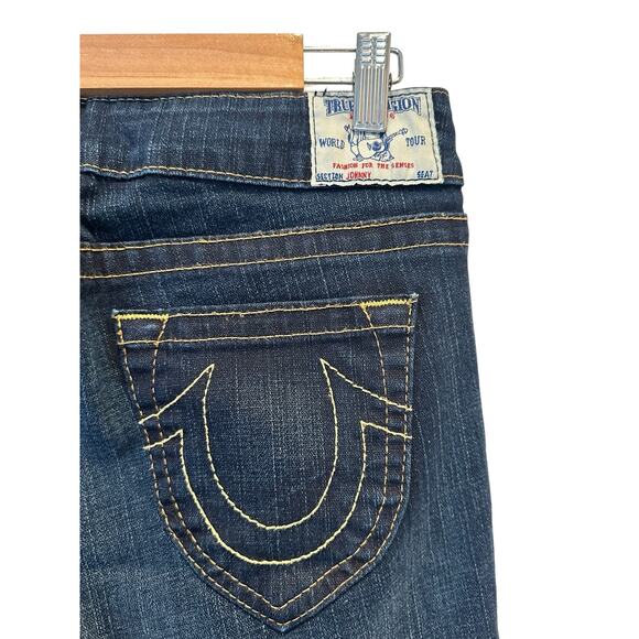 True Religion Tommy Vintage Y2K Low Rise Dark Wash Orange Stitched Bootcut Jean - Picture 8 of 16